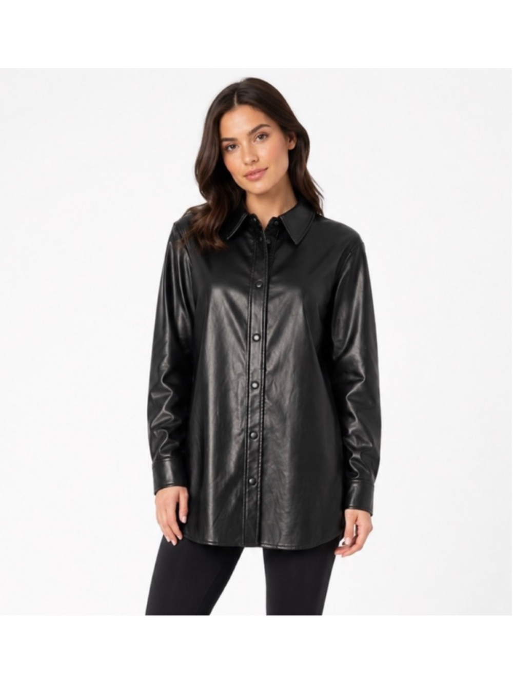 7 For All Mankind Black Faux Leather Snap Button Shirt Jacket Women's Size L